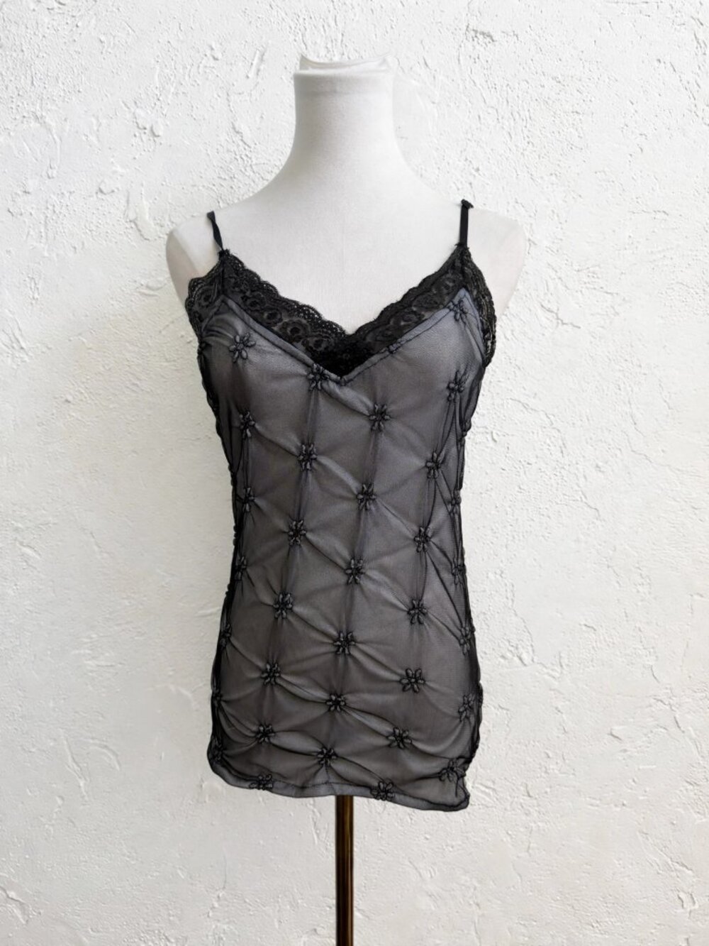 Black Sequin Lace Trim Sheer Mesh Camisole Y2K Whimsigoth Top M